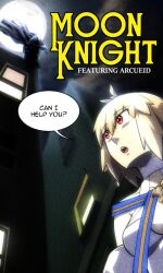 1boy 1girl arcueid_brunestud arcueid_brunestud_(mooncancer) blonde_hair blue_ribbon bodysuit breasts building cape choker crossover detached_sleeves english_text fate/grand_order fate_(series) flower from_below full_moon hair_flower hair_ornament highres hood looking_at_another marvel moon moon_knight night night_sky open_mouth red_eyes ribbon short_hair sky tsukihime upper_body very_long_cape white_bodysuit