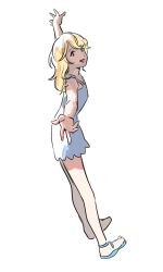 1girl :d bare_shoulders blonde_hair blue_eyes dress kingdom_hearts kingdom_hearts_ii long_hair looking_at_viewer namine open_mouth outstretched_arm sandals sleeveless smile solo white_background white_dress yomyompi
