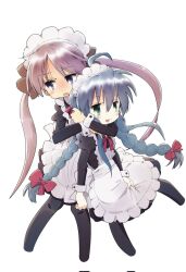 2girls ahoge alternate_costume apron black_dress blue_eyes blue_hair blush bow braid corrupted_twitter_file dress enmaided full_body green_eyes hair_between_eyes hair_bow highres hiiragi_kagami hug hug_from_behind izumi_konata long_hair lucky_star maid maid_headdress mole mole_under_eye multiple_girls neck_ribbon nirata_masoba open_mouth purple_hair red_bow red_ribbon ribbon simple_background smile tsurime twin_braids twintails very_long_hair white_apron white_background white_wrist_cuffs wrist_cuffs