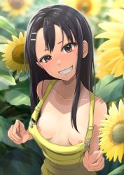 Rule 34 | 1girl, black hair, breasts, female focus, flashing, flower, grin, hair ornament, hairclip, head tilt, highres, ijiranaide nagatoro-san, k3rd, long hair, looking at viewer, nagatoro hayase, naughty face, nipples, outdoors, overalls, overalls pull, small breasts, smile, solo, sunflower, tan, tanline, yellow overalls