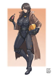 1girl 2025 absurdres armor artist_name border bottle breasts brown_coat brown_hair cirenk coat commentary commission english_commentary fallout floppy_disk hair_over_one_eye helmet highres holding holding_bottle nuka_cola original short_hair solo unworn_headwear unworn_helmet white_border