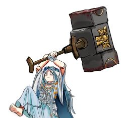 1girl absurdres barefoot dress elden_ring elden_ring_nightreign hammer head_wreath highres holding holding_hammer huge_weapon long_hair nemfry raider_(elden_ring) revenant_(elden_ring) simple_background solo war_hammer weapon white_background white_dress white_hair