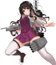 Rule 34 | 1girl, adapted turret, aqua bow, black hair, blush, bow, bowtie, breasts, cannon, grey thighhighs, hair ribbon, hairband, highres, holding, holding turret, kantai collection, kinakomochi (testament05), large breasts, long hair, looking at viewer, machinery, multicolored hair, naganami (kancolle), naganami kai ni (kancolle), pink hair, ribbon, rigging, school uniform, ship turret, shirt, smile, smokestack, solo, thighhighs, torpedo launcher, turret, two-tone hair, wavy hair, white hairband, yellow eyes
