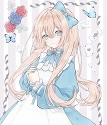 1girl absurdres alice_(alice_in_wonderland) alice_in_wonderland blonde_hair blue_eyes bow bug butterfly card commentary_request dress flower hair_bow highres insect long_hair long_sleeves looking_at_viewer nail_polish own_hands_together parted_lips pinafore_dress playing_card rose sleeve_bow sleeve_cuffs sleeveless sleeveless_dress smile solo yuni_0205