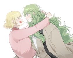 1girl :d arms_around_neck blonde_hair blue_eyes closed_eyes curly_hair dress green_hair hanbok hetero hug korean_clothes light_blush lo_po_bia_ameuz lo_po_bia_traumerei long_hair looking_at_another lopobia_101 medium_hair open_mouth original pink_hanbok robe skirt smile tower_of_god white_background white_robe