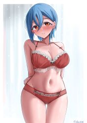 Rule 34 | 1girl, absurdres, arms behind back, blush, border, bra, breasts, cleavage, closed mouth, collarbone, commentary request, cowboy shot, curtains, earrings, gluteal fold, highres, jewelry, lace, lace-trimmed bra, lace-trimmed panties, lace trim, large breasts, looking at viewer, love live!, love live! superstar!!, navel, nose blush, outside border, panties, red bra, red panties, rikka006, smile, solo, split mouth, standing, stomach, stud earrings, underwear, underwear only, variant set, wakana shiki, white background, white border