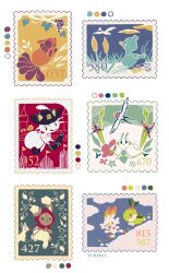 bird buneary cinderace color_guide duck ducklett floette flower food fruit gen_1_pokemon gen_3_pokemon gen_4_pokemon gen_5_pokemon gen_6_pokemon gen_8_pokemon grapes meowth nintendo no_humans pink_flower pokemon pokemon_(creature) postage_stamp red_hood running simple_background swallow_(bird) taillow turtwig vulpix white_background yurano_(upao)