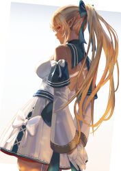 1girl back_bow blonde_hair bow bow_skirt breasts closed_mouth criss-cross_back-straps dark-skinned_female dark_elf dark_skin detached_collar detached_sleeves elf from_behind garter_straps gloves hair_bow hashtag-only_commentary high_ponytail highres hololive large_breasts long_hair long_sleeves looking_at_viewer looking_back miniskirt pleated_skirt pointy_ears ponytail qdx4p shiranui_flare shiranui_flare_(1st_costume) shirt sidelocks simple_background skirt skirt_set smile solo standing very_long_hair virtual_youtuber white_background white_garter_straps white_gloves white_shirt white_skirt white_sleeves wide_sleeves