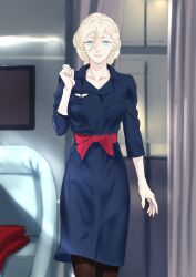 1girl airplane_interior alternate_costume blonde_hair blue_eyes breasts brown_pantyhose flight_attendant formal_clothes hair_between_eyes highres kantai_collection long_hair looking_at_viewer medium_breasts mole mole_under_eye mole_under_mouth pantyhose pencil_skirt richelieu_(kancolle) shingyou_(alexander-13) skirt skirt_suit smile solo suit travel_attendant vehicle_interior