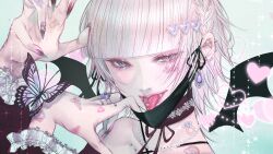 1girl absurdres black_wings blunt_bangs braid butter ear_piercing earrings eyelashes eyeshadow fangs fingernails food grey_eyes heart highres jewelry looking_at_viewer makeup mask medium_hair mouth_mask multiple_rings original piercing purple_nails ring satsuki_kei sharp_fingernails side_braid solo sparkle tongue tongue_out tongue_piercing upper_body white_hair wings