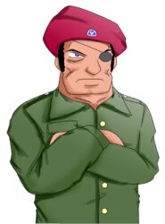 Rule 34 | 1boy, black hair, blue eyes, buttons, collar, crossed arms, eyepatch, game cg, gates (seihou), green shirt, kioh gyoku, long sleeves, lowres, male focus, non-web source, official art, red headwear, seihou, serious, shirt, third-party source, transparent background