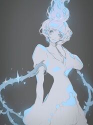 1girl animification blue_hair blue_lips closed_mouth disneyland dress fiery_hair fire formal_clothes gloves kyou_o lipstick long_hair long_sleeves looking_at_viewer makeup ms._hades simple_background smile solo