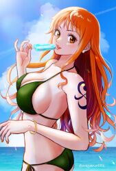 1girl alternate_costume bangle bare_shoulders bikini blue_sky blush bracelet breasts brown_eyes cleavage cloud cloudy_sky collarbone commentary_request earrings food from_side green_bikini halterneck highres holding holding_food holding_popsicle horizon jewelry large_breasts lips long_hair looking_at_viewer nail_polish nami_(one_piece) ocean one_piece orange_hair orange_nails oregano551 outdoors parted_lips pearl_earrings pink_lips popsicle shoulder_tattoo side-tie_bikini_bottom sidelocks sky solo string_bikini swimsuit tattoo twitter_username upper_body wavy_hair