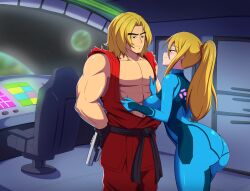 1boy 1girl abs ass blonde_hair blue_eyes blush bodysuit breasts capcom flirting from_side gun hand_on_another&#039;s_chest hand_on_another&#039;s_stomach holding holding_gun holding_weapon huge_ass ken_masters kmkz-art large_breasts legs looking_at_another metroid muscular muscular_male nintendo non-web_source open_clothes open_shirt planet ponytail samus_aran seductive_smile sideboob smile space spacecraft street_fighter super_smash_bros. thick_thighs thighs weapon zero_suit