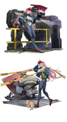 1girl absurdres ace_combat ace_combat_zero arm_tattoo ass assault_rifle blue_bodysuit blue_jacket blush bodysuit breasts cat chain chinese_commentary collar colored_shoe_soles ctsfo damaged earrings eyewear_on_head full_body galm_team girls&#039;_frontline gloves gun hair_between_eyes hair_ornament hairclip hand_on_headwear hand_up heart heart_earrings highres holding holding_gun holding_weapon jacket jewelry large_breasts legs long_hair looking_at_viewer looking_down mecha mole mole_on_breast mole_under_eye multiple_views neck_tattoo official_alternate_costume official_art open_clothes open_jacket open_mouth patch pink_hair red_eyes rifle robot shoe_soles shoulder_patch sideboob sig_mcx sig_mcx_(crimson_meteor)_(girls&#039;_frontline) sig_mcx_(girls&#039;_frontline) sig_sauer simple_background smile solo spiked_collar spikes standing tattoo thighs torn_bodysuit torn_clothes unit_patch weapon white_gloves yitiao_er-hua
