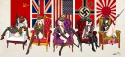 5girls absurdres american_flag anachronism aqua_eyes arisaka artist_name bayonet black_hair blonde_hair blue_eyes bolt_action bottomless breasts chair cleavage convenient_censoring cross eyepatch germany gun handgun hat high_heels highres imperial_japanese_army iron_cross japan japanese_flag large_breasts lee-enfield long_hair looking_at_viewer m1_garand mauser_c96 medium_breasts military_hat multiple_girls nail_polish nazi nazi_flag necktie no_bra no_panties peaked_cap ppsh-41 ppshex purple_eyes revealing_clothes rifle rising_sun_flag russia short_hair soviet soviet_flag submachine_gun sunburst thighhighs trigger_discipline union_jack united_kingdom united_states weapon white_hair world_war_ii