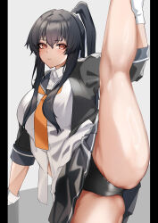 1girl absurdres belt black_belt black_hair black_panties black_sailor_collar black_skirt blush breasts commentary flexible gloves hair_between_eyes highres kantai_collection large_breasts leg_lift leg_up long_hair looking_at_viewer neckerchief orange_neckerchief panties pillarboxed pleated_skirt ponytail red_eyes ribbon sailor_collar school_uniform shirt sidelocks simple_background skirt solo split standing standing_on_one_leg standing_split underwear very_long_hair white_gloves white_ribbon white_shirt yahagi_(kancolle) yahagi_kai_ni_(kancolle) z_(knkr1025)