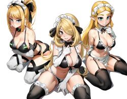3girls apron aqua_eyes arm_under_breasts bikini black_bikini black_bow black_eyes black_garter_straps black_thighhighs blonde_hair blue_eyes bow breasts cleavage collarbone commentary commission crossover cynthia_(pokemon) detached_collar elbow_gloves english_commentary eyes_visible_through_hair frilled_thigh_strap front-tie_bikini_top front-tie_top garter_straps gloves grin hair_bow hair_ornament hair_over_one_eye hand_on_own_chest large_breasts laz_gm leaning_forward long_hair looking_at_viewer maid maid_apron maid_bikini maid_headdress medium_breasts metroid mole mole_under_mouth multiple_girls navel nintendo pokemon pokemon_dppt ponytail princess_zelda samus_aran simple_background sitting smile swimsuit the_legend_of_zelda the_legend_of_zelda:_breath_of_the_wild thigh_strap thighhighs unconventional_maid waist_apron wariza white_apron white_background white_gloves white_thighhighs