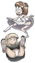 2girls angry black_skirt blonde_hair braces brown_hair clothes_lift conoghi disney dress dress_lift glasses gloves green_sweater hairband jackie_wackerman kendall_perkins kick_buttowski loli long_hair long_sleeves looking_at_viewer lying multiple_girls open_mouth panties ponytail short_hair skirt smile socks strapless strapless_dress sweater underwear white_background white_dress white_gloves white_panties white_socks