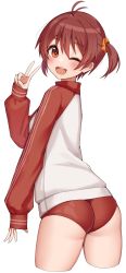 Rule 34 | 1girl, ;d, absurdres, ass, buruma, commentary, from behind, hair between eyes, hair ornament, hair scrunchie, hand up, highres, isshiki akane, jacket, kopaka (karda nui), looking at viewer, looking back, one eye closed, open mouth, orange eyes, orange scrunchie, red buruma, red hair, scrunchie, short hair, simple background, smile, solo, teeth, thighs, track jacket, twintails, upper teeth only, v, vividred operation, white background