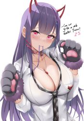 1girl absurdres akuma_nihmune akuma_nihmune_(1st_costume) animal_hands black_necktie blush breasts choker cleavage commentary demon_horns english_commentary english_text facial_tattoo fake_horns hair_ornament hairclip heart heart-shaped_pupils heart_choker heart_tattoo highres holding holding_leash horns indie_virtual_youtuber jewelry large_breasts leash long_hair looking_at_viewer necklace necktie purple_hair red_choker red_eyes shirt skai_kun symbol-shaped_pupils tattoo virtual_youtuber white_shirt