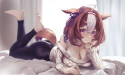 Rule 34 | 1girl, absurdres, animal ears, barefoot, bed, black pants, blush, bra, breasts, brown hair, cleavage, commentary request, curtains, expressionless, full body, fuwamozzi, grey sweater, hair ribbon, hairband, hand on own cheek, hand on own face, highres, horse ears, horse girl, horse tail, indoors, korean commentary, large breasts, long sleeves, looking at viewer, lying, meisho doto (umamusume), multicolored hair, off shoulder, on bed, on stomach, open mouth, pants, pink eyes, pink hairband, purple ribbon, ribbon, short hair, solo, sweater, tail, the pose, two-tone hair, umamusume, underwear, white bra, white hair, yoga pants