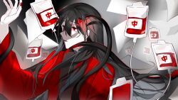 Rule 34 | 1boy, arm up, black hair, black hanfu, blood, blood bag, chinese clothes, chinese commentary, coat, creature, dao gui yi xian, floating hair, flying paper, hair between eyes, hair down, hanfu, highres, hong zhong (li huowang), intravenous drip, li huowang, limited palette, long hair, long sleeves, looking to the side, male focus, nail polish, paper, papers, parted lips, red coat, red eyes, red nails, solo, tentacles, upper body, very long hair, w3273864, wide sleeves, zuo wang dao