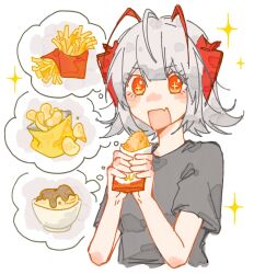 1girl arknights bag_of_chips blush_stickers bowl chips_(food) commentary cropped_torso fang food food_request french_fries grey_hair grey_shirt hair_between_eyes hands_up highres holding holding_food mcdonald&#039;s open_mouth potato_chips red_eyes shirt short_sleeves simple_background softtoast solo sparkle spoken_food symbol-only_commentary upper_body w_(arknights) white_background