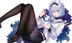 1girl absurdres black_pantyhose black_skirt blue_eyes blue_neckerchief brown_hair commentary grey_hair hair_ornament highres loafers long_sleeves looking_at_viewer neckerchief open_mouth pantyhose pleated_skirt ryuuou_no_oshigoto! school_uniform serafuku shoes short_hair skirt snowflake_hair_ornament solo sora_ginko surrender_(surren2019) white_skirt
