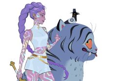 1girl animal_ears bare_shoulders belt bird body_markings braid brown_eyes closed_eyes crop_top crow demon demon_girl derpy_(kpop_demon_hunters) earpiece from_side glowing hair_flowing_over hand_up hat highres holding holding_sword holding_weapon kpop_demon_hunters light_smile long_braid long_hair looking_at_another looking_to_the_side looking_up nixxez2 petting purple_hair red_lips rumi_(kpop_demon_hunters) shorts simple_background single_braid sleeveless standing stomach sussie_(kpop_demon_hunters) sword tan thighs tiger tiger_ears tongue tongue_out weapon white_background white_shorts