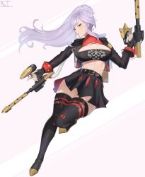 1girl absurdres black_boots boots burnice_white burnice_white_(cosplay) commission commissioner_upload cosplay crossover fire_emblem fire_emblem:_genealogy_of_the_holy_war high_heel_boots high_heels highres holding holding_weapon ishtar_(fire_emblem) magdalenus27 midriff nintendo ponytail purple_eyes purple_hair skirt weapon zenless_zone_zero