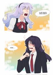 Rule 34 | 2girls, acheron (honkai: star rail), black swan (honkai: star rail), breasts, charathegay, couple, hair over one eye, highres, honkai: star rail, honkai (series), long hair, looking at another, multiple girls, purple eyes, purple hair, shirt, simple background, white shirt, wonderland wars, yellow eyes, yuri