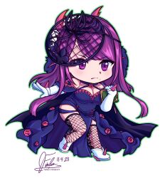 1girl bare_shoulders book dress fascinator fehden fire_emblem fire_emblem_engage fishnets gloves highres holding holding_book ivy_(fire_emblem) long_hair nintendo purple_eyes purple_hair see-through_clothes see-through_headwear solo spiked thorn_print white_gloves