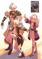 Rule 34 | 1boy, 2girls, absurdres, ahoge, black boots, black coat, black gloves, boots, breasts, coat, commentary request, cyrene (honkai: star rail), double v, dress, gloves, grey hair, hair ornament, high school girls posing for google street view (meme), highres, honkai: star rail, honkai (series), jewelry, medium hair, meme, multiple girls, necklace, neneneneko, phainon (honkai: star rail), pink hair, purple coat, reference inset, sandals, smile, stelle (honkai: star rail), trailblazer (honkai: star rail), v, white coat, white dress, white hair, yellow eyes