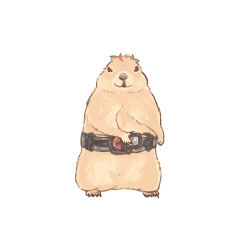Rule 34 | animal focus, belt, belt buckle, body fur, buckle, card, cosplay, den-o belt, full body, henshin pose, holding, holding card, kamen rider, kamen rider den-o (series), momotaros, momotaros (cosplay), multicolored hair, prairie dog, py0wwk, red eyes, red hair, rider pass, simple background, solo, streaked hair, white background