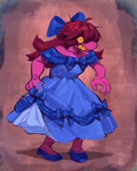 1girl alternate_costume anger_vein angry annoyed blue_bow blue_dress blue_shoes bow brown_hair clenched_teeth collarbone colored_sclera colored_skin colored_teeth constricted_pupils deltarune dress dress_bow dress_ribbon fingernails hair_bow high_heels highres long_hair muscular muscular_female off-shoulder_dress off_shoulder petticoat purple_scales purple_skin sharp_fingernails sharp_teeth shoes skirt_hold slit_pupils starcat_bloom susie_(deltarune) teeth yellow_sclera yellow_teeth
