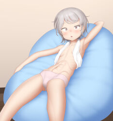 1girl abs absurdres arm_rest arm_up armpits bare_legs bean_bag_chair blush brown_eyes cowboy_shot feet_out_of_frame female_focus grey_hair highres looking_at_viewer lying navel on_back original panties parted_lips sc_naru short_hair solo striped_clothes striped_panties thighs topless_female towel towel_around_neck towel_over_breasts underwear white_panties