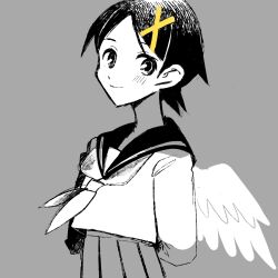 1girl arms_behind_back closed_mouth fuura_kafuka greyscale hair_ornament looking_at_viewer monochrome neckerchief pleated_skirt sailor_collar sayonara_zetsubou_sensei school_uniform serafuku short_hair skirt smile solo spot_color wadante wings