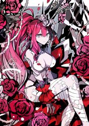 1girl baobhan_sith_(fate) baobhan_sith_(swimsuit_pretender)_(fate) baobhan_sith_(swimsuit_pretender)_(third_ascension)_(fate) bare_shoulders bikini breasts bridal_gauntlets cleavage crown detached_collar fate/grand_order fate_(series) flower grey_eyes hair_flower hair_ornament highres large_breasts long_hair looking_at_viewer navel pink_hair plant pointy_ears rioka_(southern_blue_sky) rose side_ponytail sidelocks sitting solo swimsuit thighhighs thighs veil vines white_bikini white_thighhighs