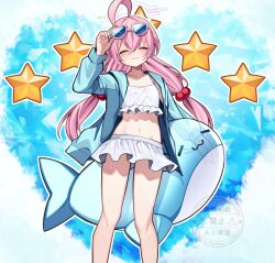 1girl :3 adjusting_eyewear ahoge bikini blue_archive blue_background blue_jacket blush closed_eyes closed_mouth commentary eyewear_on_head facing_viewer feet_out_of_frame hair_bobbles hair_ornament halo hand_on_eyewear highres hoshino_(blue_archive) hoshino_(swimsuit)_(blue_archive) jacket long_hair long_sleeves low_twintails navel official_alternate_costume open_clothes open_jacket outline pink_hair pink_halo smile solo standing star_(symbol) sunglasses swimsuit twintails watermark white_bikini white_outline yuineko