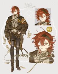 Rule 34 | 1boy, black pants, boots, brown boots, commission, english text, eyepatch, full body, highres, male focus, medical eyepatch, medium hair, multiple views, one eye covered, original, pants, red hair, solo, twitter username, upper body, white background, yellowshark601