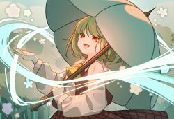 1girl :d artist_name ascot cloud cloudy_sky collared_shirt commentary field flower flower_symbol flower_field green_hair highres holding holding_umbrella kazami_yuuka long_sleeves looking_at_viewer magic nature open_clothes open_mouth open_vest outdoors parasol plaid_clothes plaid_skirt puffy_long_sleeves puffy_sleeves red_eyes red_skirt red_vest shirt short_hair skirt skirt_set sky smile solo sunflower sunflower_field tojorin touhou umbrella upper_body vest white_shirt yellow_ascot