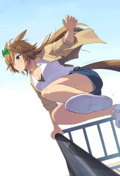 animal_ears artist_name belt blazer blue_eyes bow bra bra_peek bracelet brown_belt brown_hair brown_jacket commentary_request cutoffs denim denim_shorts fingernails green_bow hair_bow highres horse_ears horse_girl horse_tail jacket jewelry long_hair mr._c.b._(umamusume) mukakin nail_polish necklace outdoors parkour parted_lips pink_nails shirt shoe_soles shorts tail umamusume underwear white_shirt white_sneakers