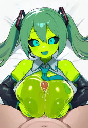 1girl :d ai-assisted alien aqua_eyes bare_shoulders black_sclera blue_eyes breasts breasts_squeezed_together brittle colored_nipples colored_sclera colored_skin colored_tongue cum cum_on_body cum_on_breasts cum_on_upper_body detached_sleeves ejaculation fang green_hair green_skin hair_between_eyes hatsune_miku headset large_breasts long_hair looking_at_viewer lying monster_girl necktie nipples on_back open_clothes open_mouth paizuri penis pov pov_crotch shirt skin_fang smile solo_focus twintails uncensored vocaloid