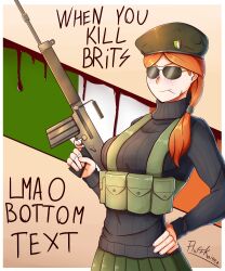 1girl absurdres ar-18 assault_rifle badge beret black_sweater blood blood_drip blush breasts chest_rig english_text facial_scar flag fluffkaiser freckles furrowed_brow green_skirt gun hair_over_shoulder hair_tie hand_on_own_hip hat hat_ornament highres holding holding_gun holding_weapon insignia ireland irish_flag irish_republican_army large_breasts long_hair long_sleeves looking_at_viewer looking_to_the_side low_ponytail military military_uniform orange_hair original pleated_skirt ponytail pouch ribbed_sweater rifle scar scar_on_cheek scar_on_face signature skirt smile solo sunglasses sweater toothpick trigger_discipline turtleneck upper_body weapon