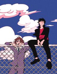 2boys absurdres black_hair blue_sky brown_eyes brown_hair chain-link_fence closed_eyes cloud collared_shirt commentary cropped_jacket durarara!! english_commentary fence glasses hair_between_eyes hallu_(hallucxnating) highres jacket kishitani_shinra long_sleeves male_focus multiple_boys necktie orihara_izaya red_shirt school_uniform shirt short_hair sitting_on_fence sky standing
