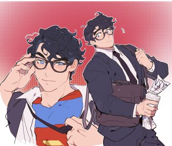 Rule 34 | 1boy, bag, ben-day dots, bhedoods, black-framed eyewear, black hair, black jacket, black necktie, black pants, black suit, blue eyes, brown bag, clark kent, closed mouth, commentary, cup, dc comics, dc universe (franchise), disposable coffee cup, disposable cup, english commentary, formal clothes, frown, glasses, highres, holding, holding cup, jacket, lapels, layered sleeves, long sleeves, looking to the side, male focus, multiple views, narrowed eyes, necktie, newspaper, notched lapels, open clothes, open shirt, pants, screentones, shirt, shoulder bag, sideways glance, suit, suit jacket, superman, superman (series), wavy hair, white shirt