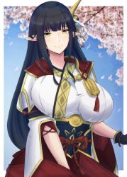 absurdres black_hair blunt_bangs breasts capcom food hair_ornament highres hime_cut hinoa japanese_clothes large_breasts latte_(latte_daruta2) long_hair monster_hunter_(series) monster_hunter_rise pointy_ears solo very_long_hair wagashi yellow_eyes