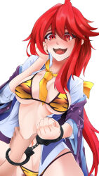 1girl animal_print bad_link bikini blush bow cuffs full-face_blush hand_on_another&#039;s_stomach hand_on_own_face handcuffed_together handcuffs highres japanese_clothes kazuhitodesu kimono kotohime_(touhou) looking_at_viewer navel necktie obi open_mouth print_bikini purple_kimono red_eyes red_hair sash shirt swimsuit tiger_print touhou touhou_(pc-98) unworn_kimono unworn_shirt white_shirt wide_sleeves yellow_bow yellow_necktie