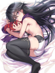 Rule 34 | 1girl, absurdres, ass, bed sheet, black hair, black thighhighs, blush, breasts, character doll, commentary, convenient arm, doll, female focus, from behind, hair between eyes, highres, isshiki akane, kuroki rei, long hair, looking at viewer, looking back, lying, medium breasts, michairu, national shin ooshima school uniform, on side, open mouth, purple eyes, purple scarf, scarf, school uniform, shiny skin, short shorts, shorts, solo, thighhighs, topless female, vividred operation